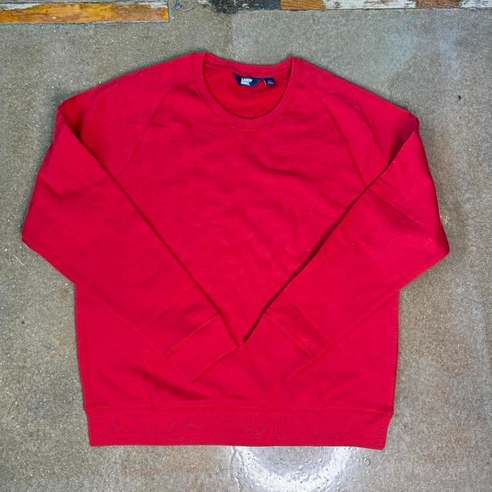 Lands End Mens Sweatshirt Large Red Crew Neck Fleece Raglan Sleeve Pullover L